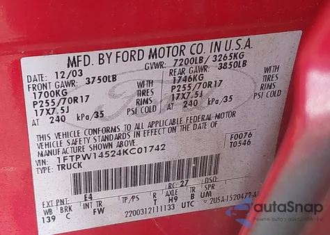 2004 Ford F-150 Fx4/Lariat/Xlt из США, поврежденный, VIN 1FTPW14524KC01742